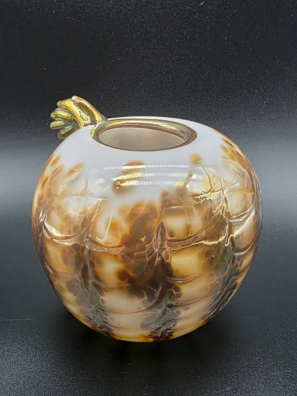 Whimsical Art Glass Vase handmade gold & cream Glass Signed Unique Asymmetrical